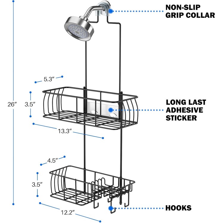 Shower Caddy Hanging, Anti-Swing Over Head Shower Caddy Rustproof