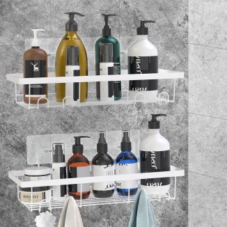 2 Pack Adhesive White Shower Caddy Organizer with Hooks, Rustproof