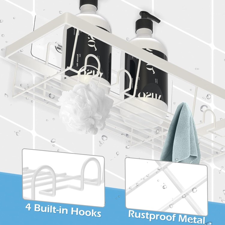 2 Pack Adhesive White Shower Caddy Organizer with Hooks, Rustproof