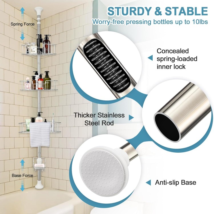 Shower Caddy Tension Pole, Stainless Steel Rustproof Bathroom Bathtub