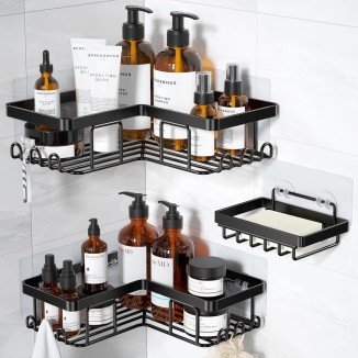 Corner Adhesive Shower Caddy, with Soap Holder and 12 Hooks