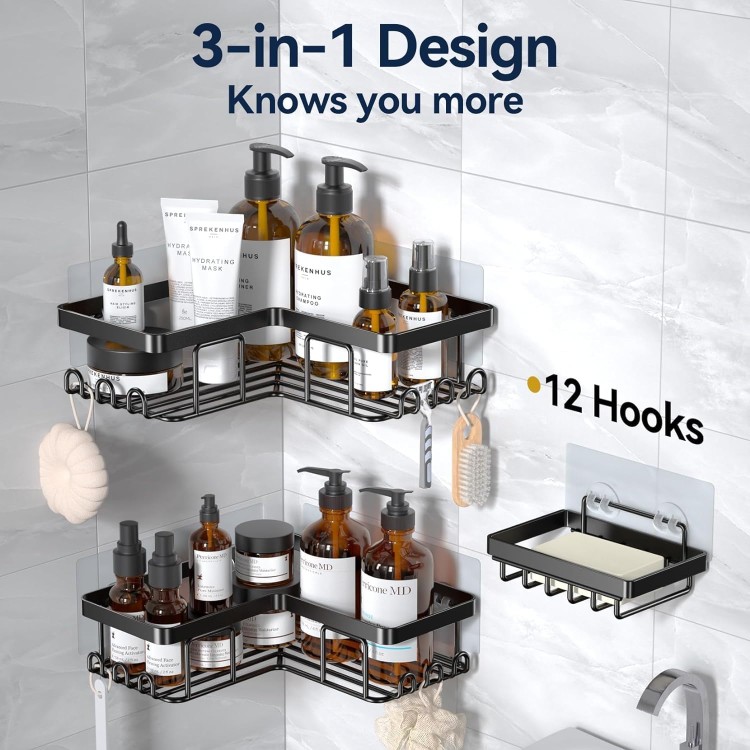 Corner Adhesive Shower Caddy, with Soap Holder and 12 Hooks