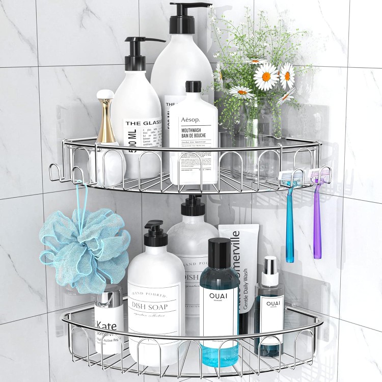 Corner Shower Caddy Stainless Steel with Hooks Wall Mounted Bathroom