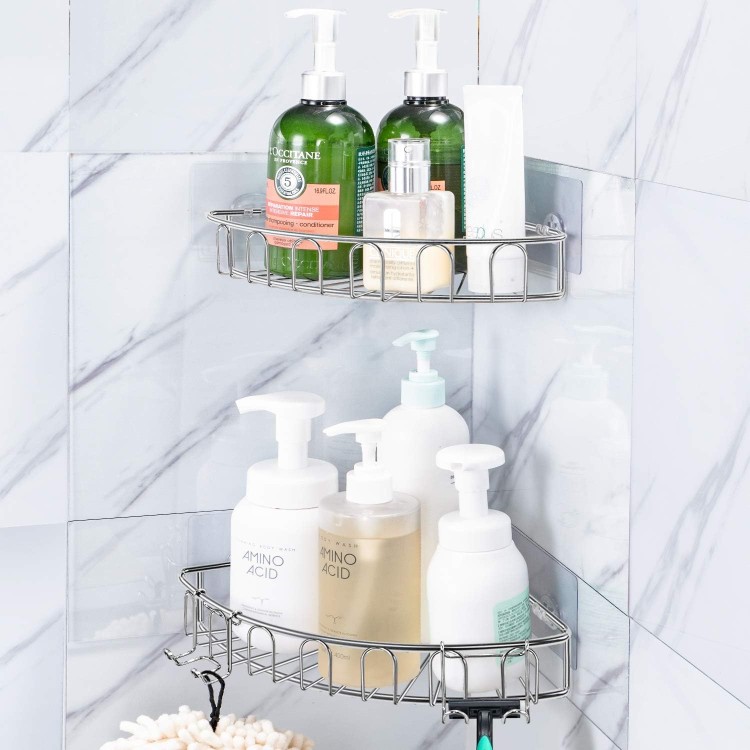 Corner Shower Caddy Stainless Steel with Hooks Wall Mounted Bathroom