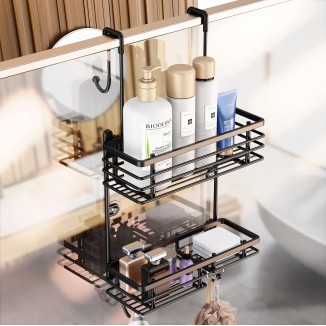 Over Shower Door Caddy, Hanging Organizer With 2-Tier Rack and Hooks