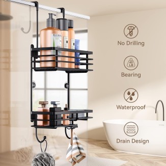 Over Shower Door Caddy, Hanging Organizer With 2-Tier Rack and Hooks