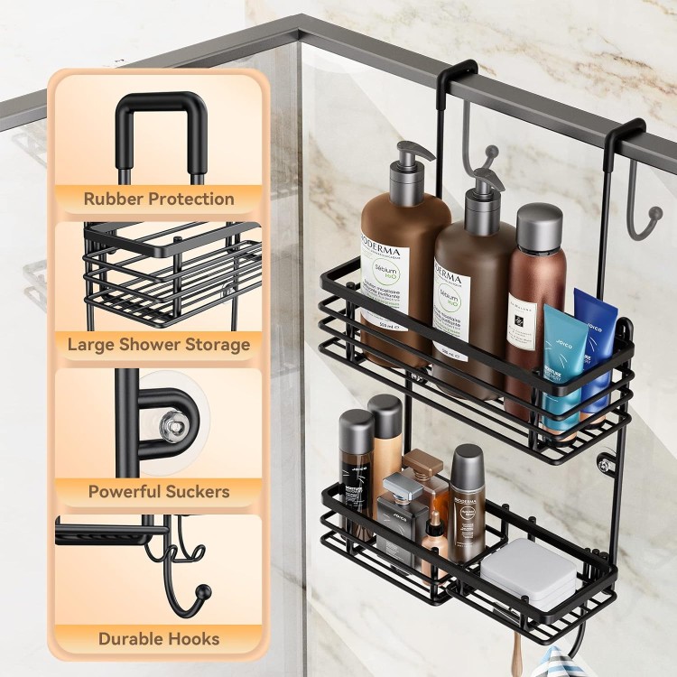 Over Shower Door Caddy, Hanging Organizer With 2-Tier Rack and Hooks