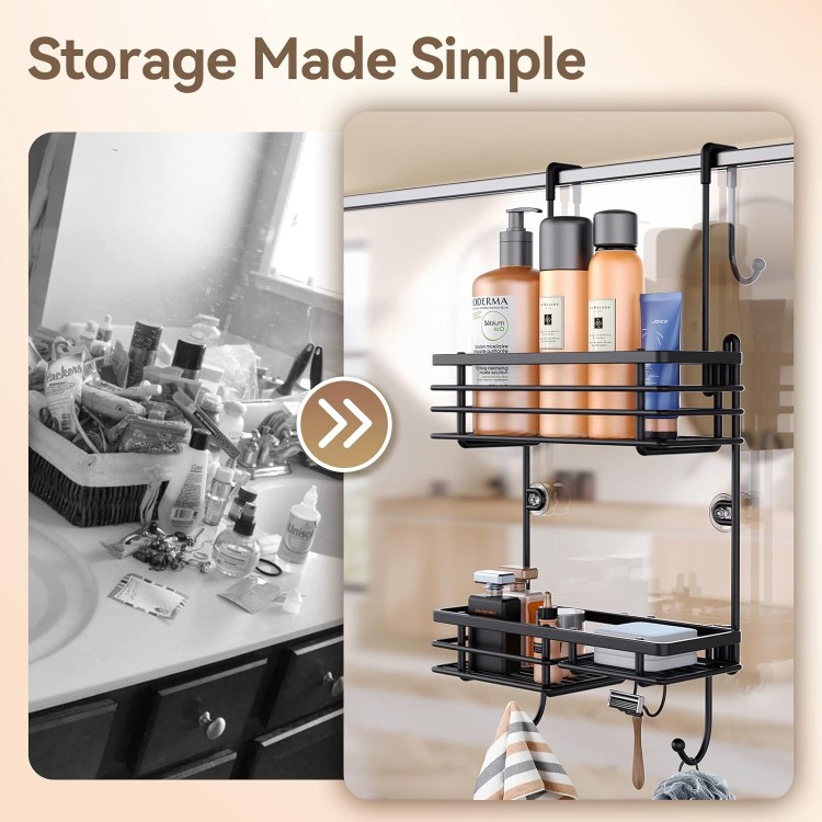 Over Shower Door Caddy, Hanging Organizer With 2-Tier Rack and Hooks