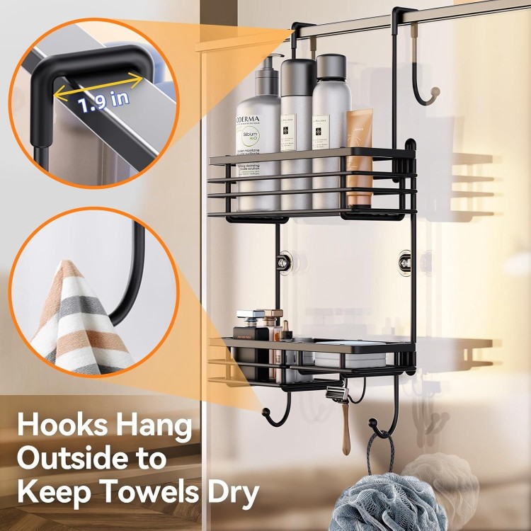 Over Shower Door Caddy, Hanging Organizer With 2-Tier Rack and Hooks