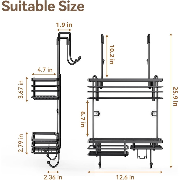 Over Shower Door Caddy, Hanging Organizer With 2-Tier Rack and Hooks