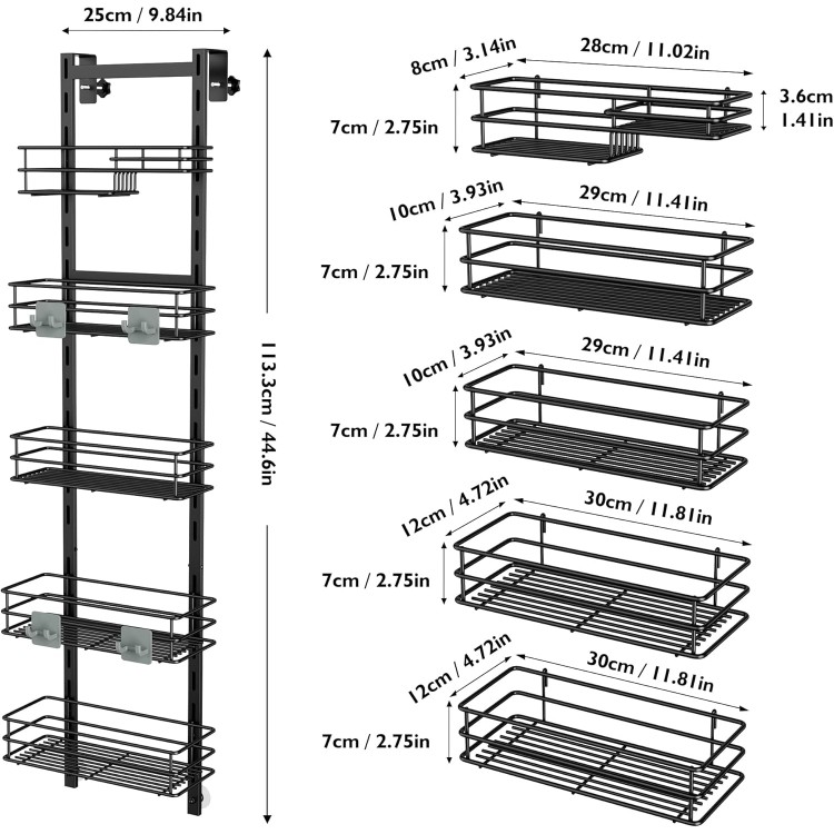 Over the Door Shower Caddy Adjustable 5 Tier Black,Bathroom Hanging