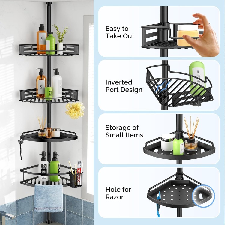 Corner Shower Caddy Tension Pole: Quick Installation 4-Tier Rustproof