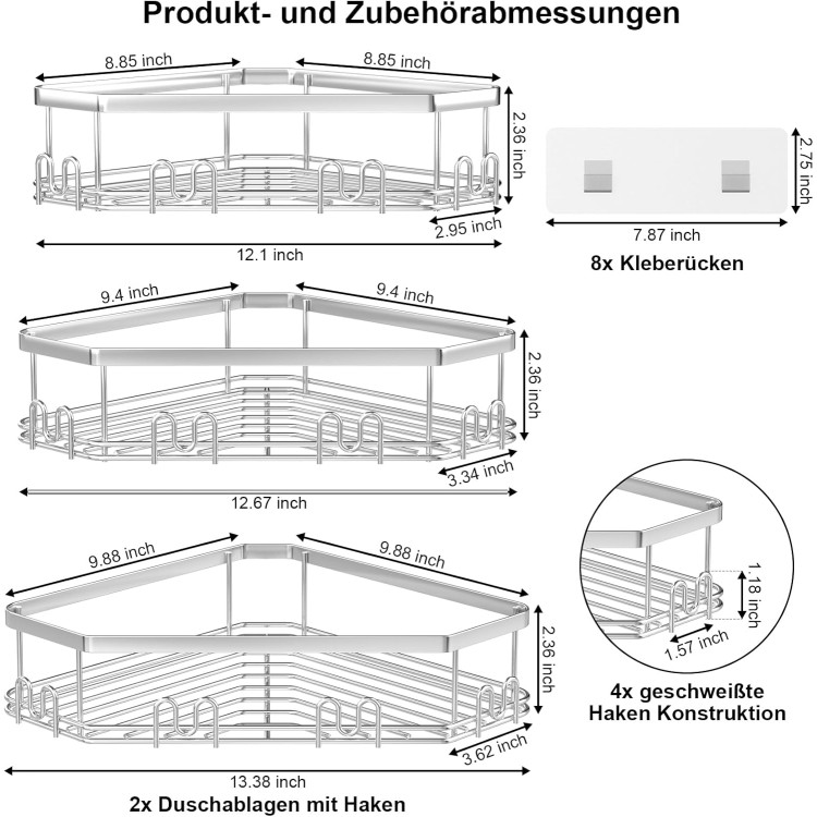 Corner Shower Caddy, Shower Organizer Corner Shower Shelf with 12 Hooks
