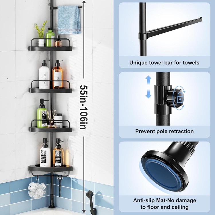 Corner Shower Caddy Tension Pole: 4 Tier Shampoo Storage Organizer