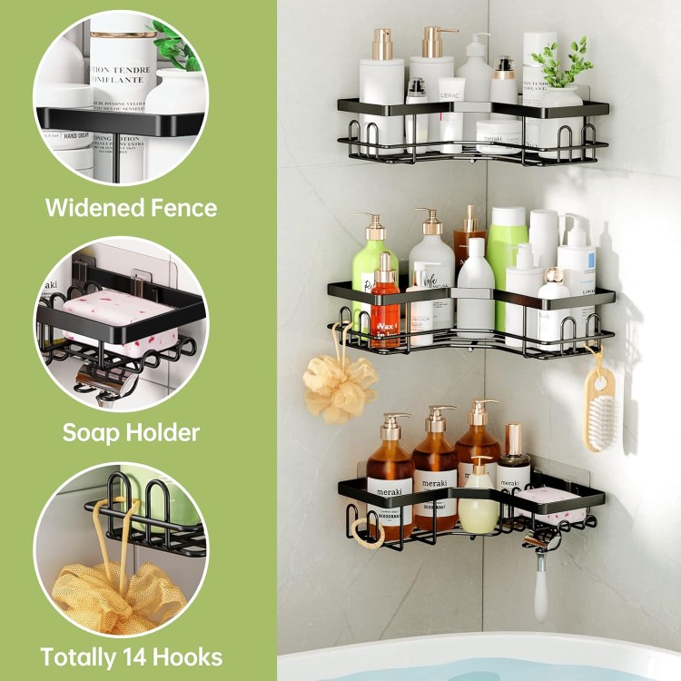 Corner Shower Caddy, Shower Organizer with Soap Holder, 14 Hooks