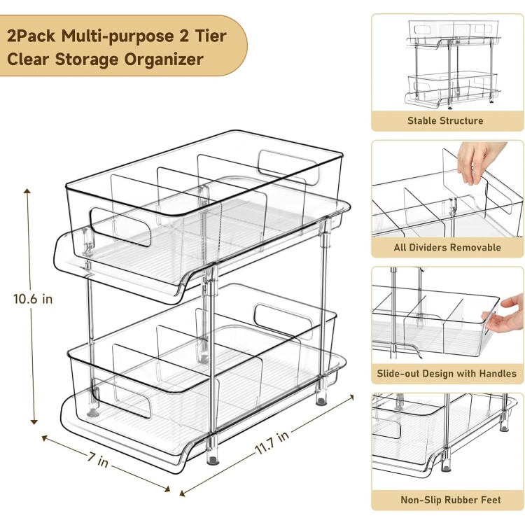 HIHEGD 2 Tier Bathroom Storage Organizer with Dividers, Clear Under Sink Organizers and Storage Pull Out Cabinet Organizer for Bathroom Kitchen Pantry Storage, Medicine Cabinet Organizer