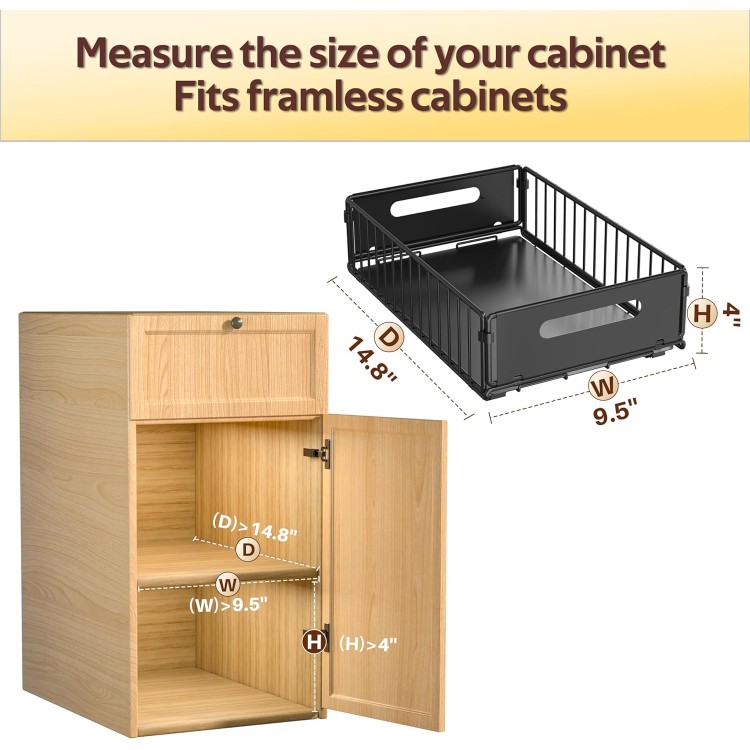 4 Pack Pull Out Cabinet Organizer, Pull out drawers for cabinets with EVA Adhesive Tape, Heavy Duty Sliding Kitchen Organizers and Storage, Suitable for Pantry, Bathroom, Bedroom