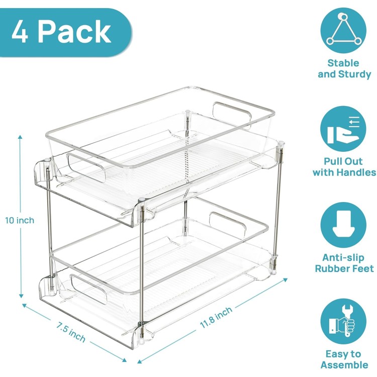 2 Tier Bathroom Storage Organizer, Vtopmart 4 Pack Clear Under Sink Organizers Vanity Counter Storage Container, Medicine Cabinet Drawers Bins, Pull-Out Organization with Track for Pantry, Kitchen