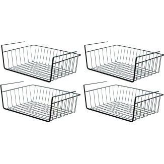 PENGKE Black Under Shelf Basket,4 Pack Slides Under Cabinet Storage Shelf Wire Baskets,Space Saving for Kitchen Counter Pantry Desk Bookshelf Cupboard