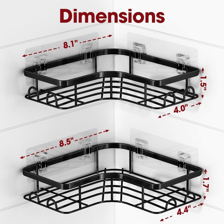 Corner Shower Caddy - 2 Pack, Adhesive Shower Organizers, Rustproof Stainless Steel Shower Shelves with 8 Hooks, No Drilling Bathroom Organizers and Storage Racks, Space-Saving, Black,Medium