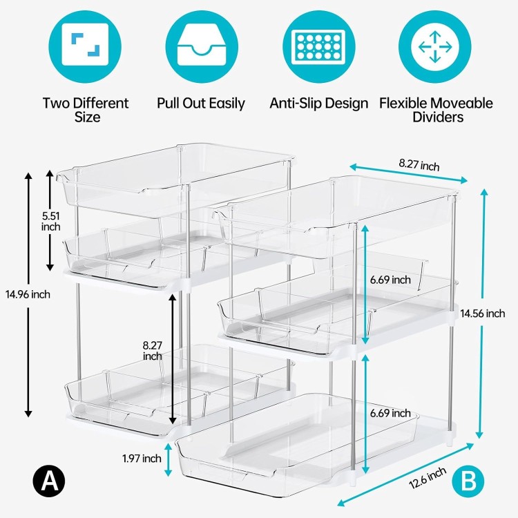 Delamu 2 Sets of 3-Tier Bathroom Under Sink Organizers and Storage, Multi-Purpose Stackable Pantry Organization and Storage, Pull Out Clear Kitchen Bathroom Cabinet Organizer with Movable Dividers