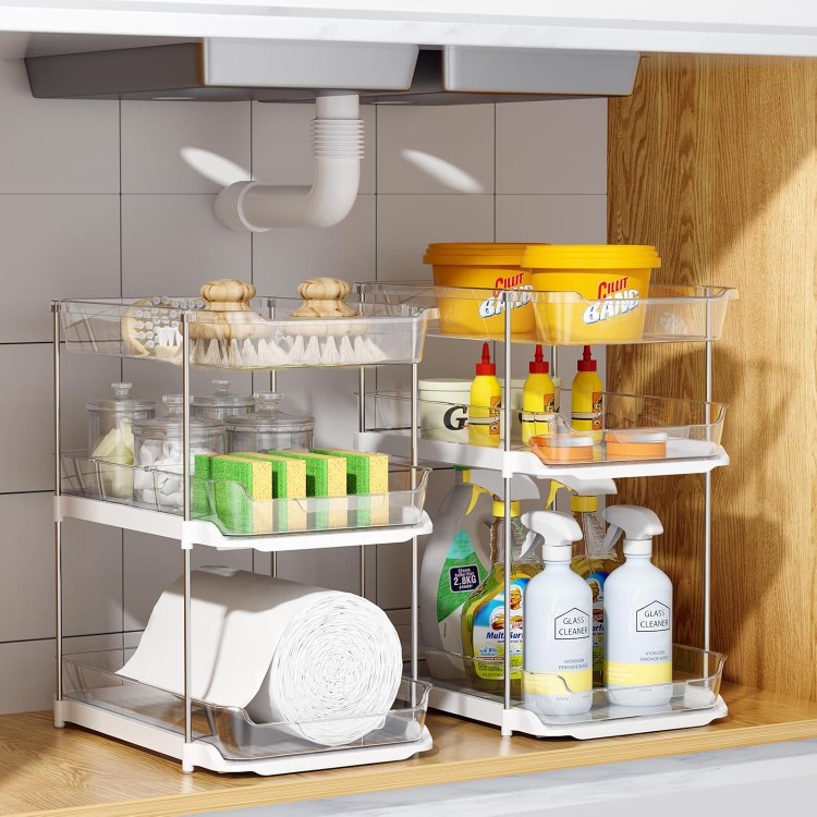 Delamu 2 Sets of 3-Tier Bathroom Under Sink Organizers and Storage, Multi-Purpose Stackable Pantry Organization and Storage, Pull Out Clear Kitchen Bathroom Cabinet Organizer with Movable Dividers