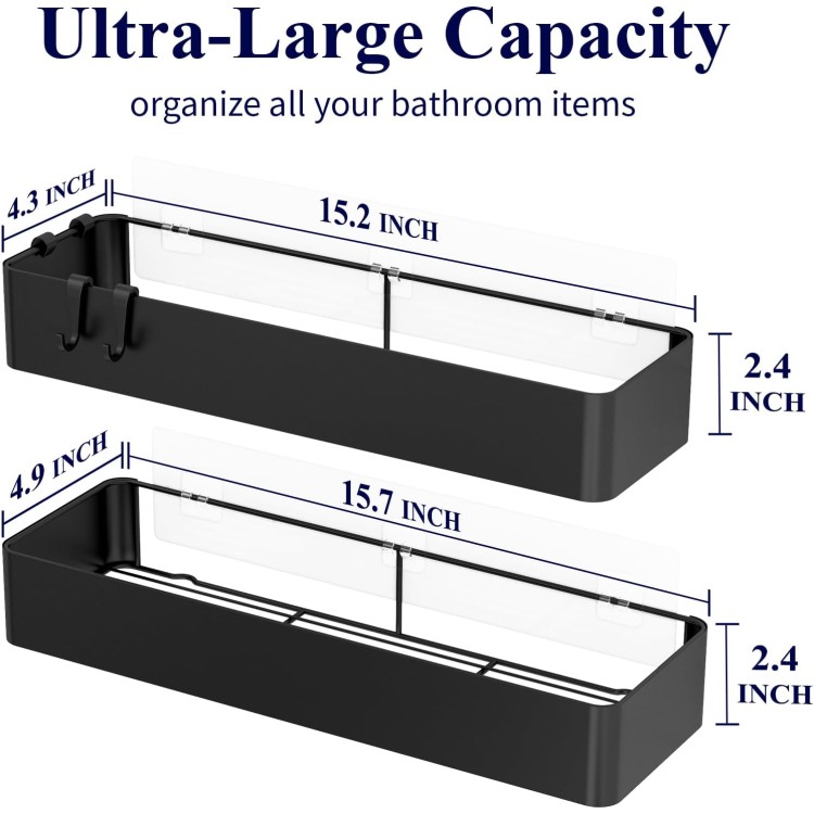 Kitsure X-Large Shower Caddy - 2 Pack Adhesive Shower Organizer, Drill-Free Shower Shelves for Inside Shower, Rustproof Stainless Steel Shower Rack for Bathroom, Black