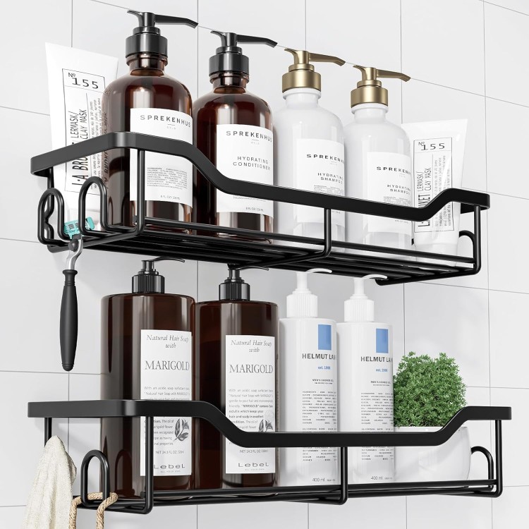 Kitsure Shower Caddy Large - Adhesive Shower Organizer, Stainless Steel Shower Shelf for Inside Shower, No Drill Bathroom Organizers and Storage, Home Decor Accessories, 2 Pack, Black