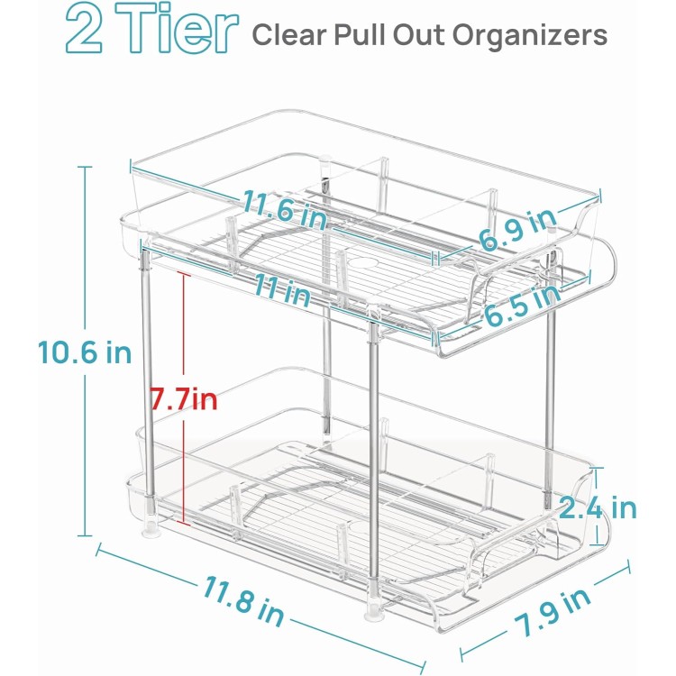 Vtopmart 4 Pack 2 Tier Bathroom Under Sink Organizers and Storage, Clear Kitchen Pantry Organization, Pull Out Medicine Cabinet Organizer with Movable Dividers