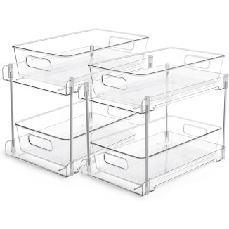 Vtopmart 2 Tier Bathroom Storage Organizer, 2 Pack Clear Under Sink Organizers Vanity Counter Storage Container, Medicine Cabinet Drawers Bins, Pull-Out Organization with Track for Pantry, Kitchen