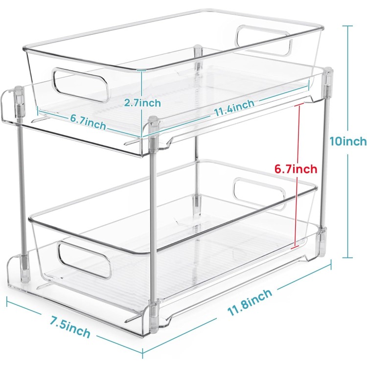 Vtopmart 2 Tier Bathroom Storage Organizer, 2 Pack Clear Under Sink Organizers Vanity Counter Storage Container, Medicine Cabinet Drawers Bins, Pull-Out Organization with Track for Pantry, Kitchen