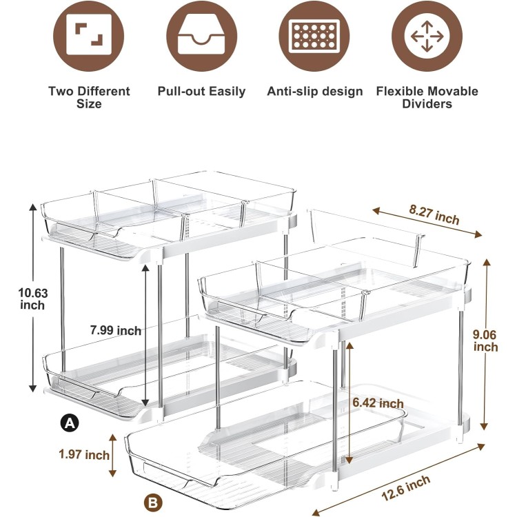 Delamu 2 Sets of 2-Tier Multi-Purpose Bathroom Under Sink Organizers and Storage, Stackable Kitchen Pantry Organization, Pull Out Medicine Cabinet Organizer with 8 Movable Dividers