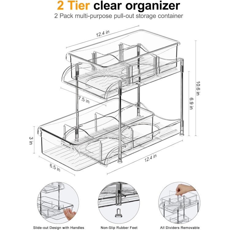 2 Pack Bathroom Cabinet Organizer, 2 Tier Clear Under Sink Organizers and Storage Medicine Cabinet Organizer with Dividers, Pull Out Kitchen Pantry Shelf Cupboard Closet Vanity Organization Bins