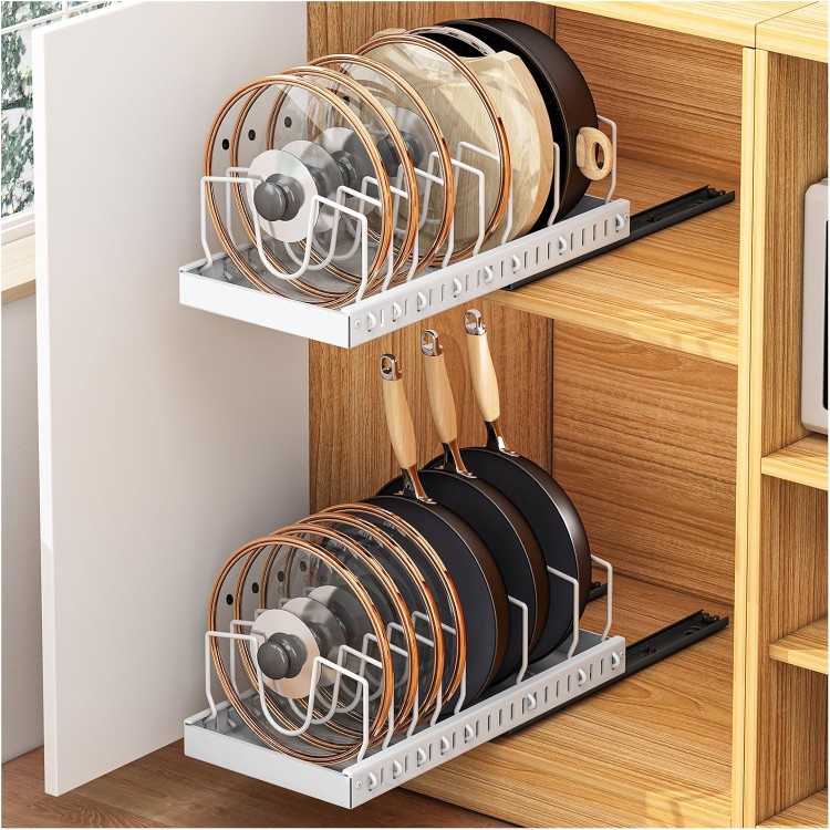 Pots and Pans Organizer Under Cabinet, 2 Pack Pull Out Cabinet Organizers for Kitchen, Pan Organizers Inside Cabinet and Storage with 8 Adjustable Dividers