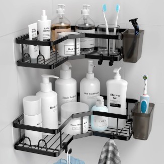 Corner Shower Caddy, 2 Pack Adhesive Shower Corner Organizer Shelves, No Drilling Stainless Steel Shower Storage Rack with Hooks&Toothpaste Holder for Bathroom, Dorm and Kitchen