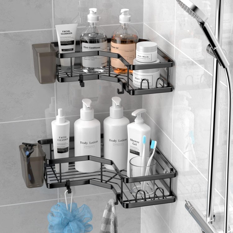 Corner Shower Caddy, 2 Pack Adhesive Shower Corner Organizer Shelves, No Drilling Stainless Steel Shower Storage Rack with Hooks&Toothpaste Holder for Bathroom, Dorm and Kitchen