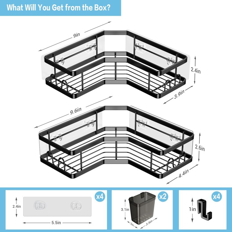 Corner Shower Caddy, 2 Pack Adhesive Shower Corner Organizer Shelves, No Drilling Stainless Steel Shower Storage Rack with Hooks&Toothpaste Holder for Bathroom, Dorm and Kitchen