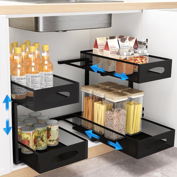 Under Sink Organizer, 2 Tier Pull out Cabinet Organizer Baskets with Mesh Sliding Drawers, Slide out Storage Shelf for Home, Kitchen, Bathroom, Pantry, Office Cabinet, Countertop(1 Pack)