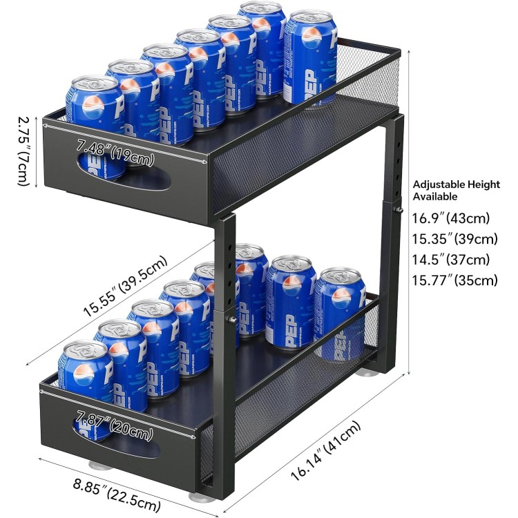 Under Sink Organizer, 2 Tier Pull out Cabinet Organizer Baskets with Mesh Sliding Drawers, Slide out Storage Shelf for Home, Kitchen, Bathroom, Pantry, Office Cabinet, Countertop(1 Pack)