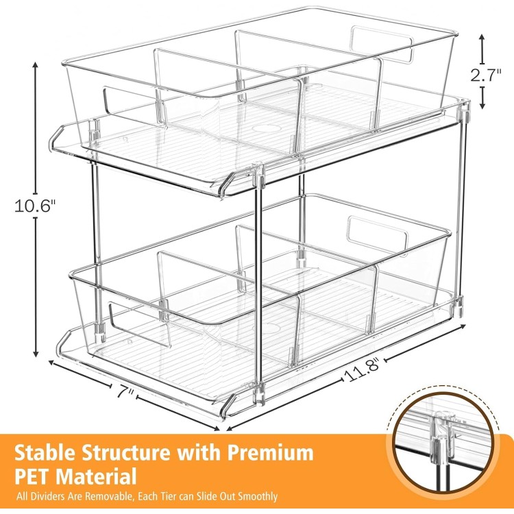 Pull-out Home Organizer, 2 Pack 2 Tier Clear Bathroom Organizer with Dividers, Multipurpose Vanity Counter Tray, Kitchen, Closet Organizers, Cabinet & Storage Container Bins