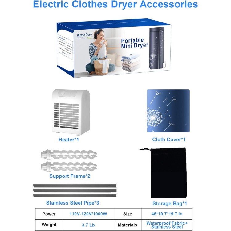 Portable Dryer, 46Inch -1000W Portable Clothes Dryer, Travel Portable Dryer Machine for Clothes with Timer, Mini Dryer for Apartment