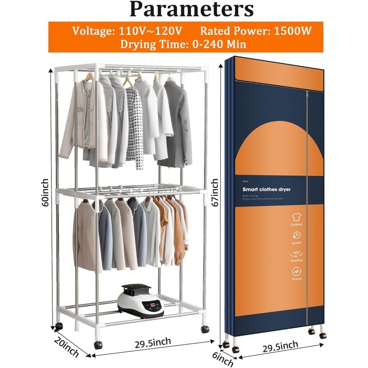 Portable Dryer, 1500W - 35LB Capacity Clothes Dryer, Foldable Portable Clothes Dryer Rack with Cover, Energy Saving Electric Portable Dryer for Apartment, Indoor, Travel