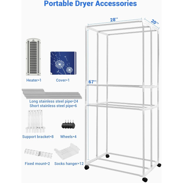 Clothes Dryer, 35LB Capacity-67Inch Portable Dryer, 1600W-3 Tier Foldable Clothes Dryer Rack, Energy Saving Portable Dryer for Apartment, Indoor, Travel, RV