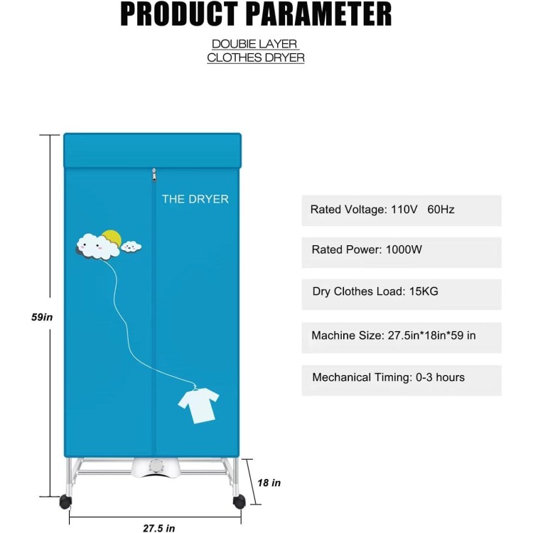 Portable Dryer,110V 1000W Electric Clothes Dryer Machine Double layer Stackable Clothes Drying Rack for Apartments, RV,Laundry,and More