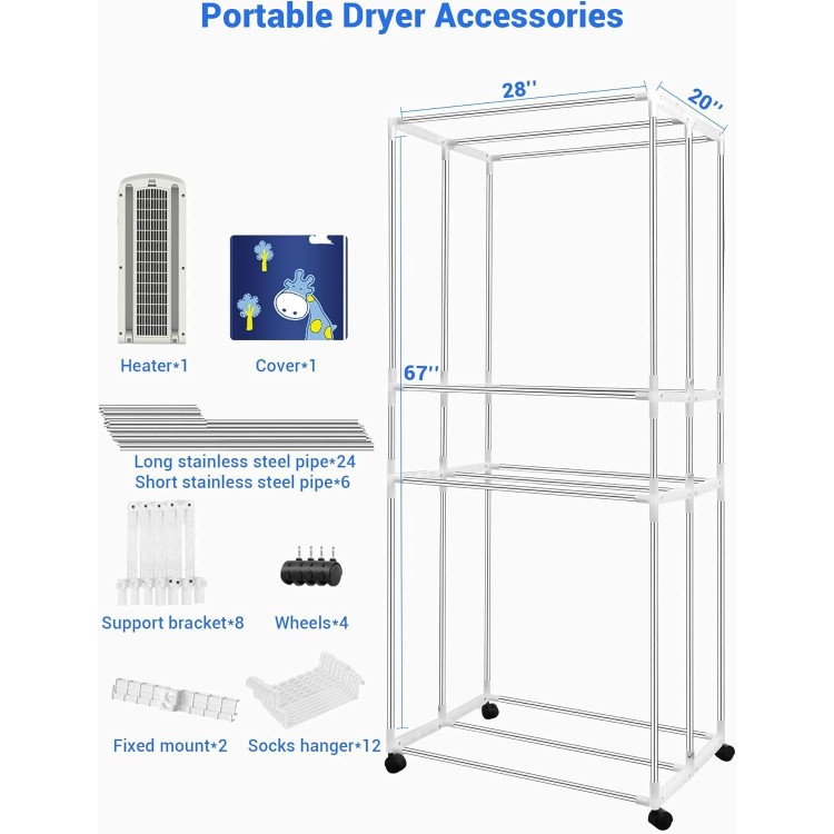 Portable Clothes Dryer, 110V -1600W Portable Dryer, 67Inch -3 Tier Foldable Clothes Dryer Rack, Energy Saving Portable Dryer for Apartment, Indoor, Travel, RV