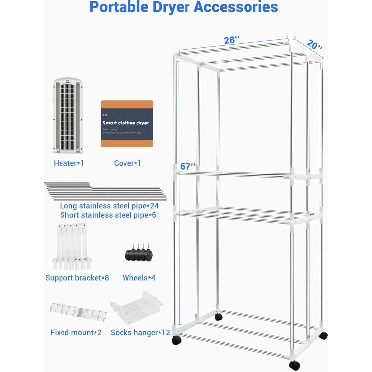 Portable Dryer, 1600W-67 Inch Clothes Dryer, 35LB Capacity Foldable 3-Tier Electric Portable Dryer Rack, Energy Saving Mini Dryer with Digital Automatic Timer for Apartment, House, RV