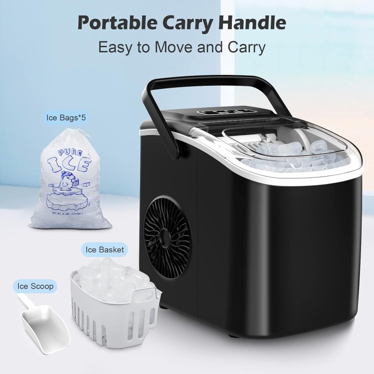 Countertop Ice Maker, Portable Ice Maker Machine with Carry Handle, Self-Cleaning Ice Makers, 9 Bullet Ice in 6 Mins, 26.5Lbs/24H with Ice Bags and Ice Scoop Basket for Home Bar Camping RV(Black)