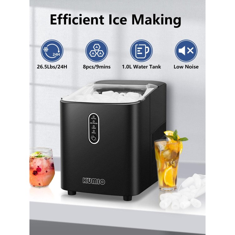 KUMIO Ice Makers Countertop, Portable Ice Maker with Self-Cleaning, 8 Cubes/9 Mins, 26.5Lbs/24Hrs, Ice Machine with Scoop and Basket, 2 Sizes of Bullet Ice for Home Office Bar Party