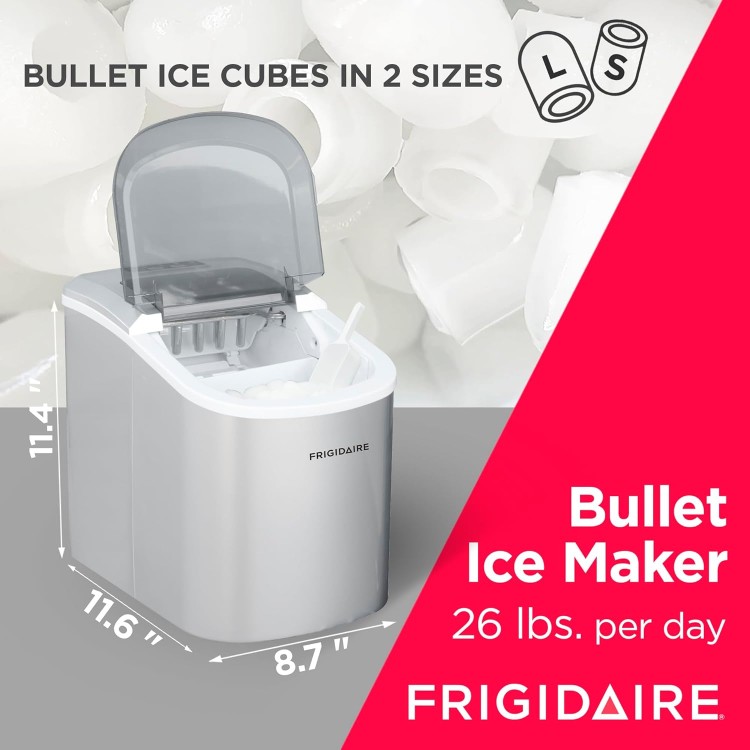 Frigidaire Ice Maker EFIC189, Countertop Ice Maker with Transparent Window, Bullet Ice Maker, 26 lbs. Capacity per day, Small Ice Maker Machine – 11.6D x 8.7W x 11.4H, Silver (Packaging May Vary)