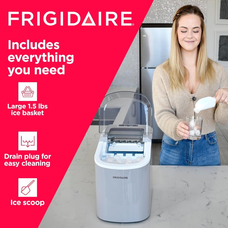 Frigidaire Ice Maker EFIC189, Countertop Ice Maker with Transparent Window, Bullet Ice Maker, 26 lbs. Capacity per day, Small Ice Maker Machine – 11.6D x 8.7W x 11.4H, Silver (Packaging May Vary)